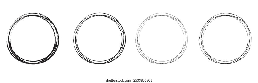 Hand drawn circle line sketch set. Vector circular scribble doodle round circles for message note mark design element. Pencil or pen graffiti bubble or ball draft illustration.