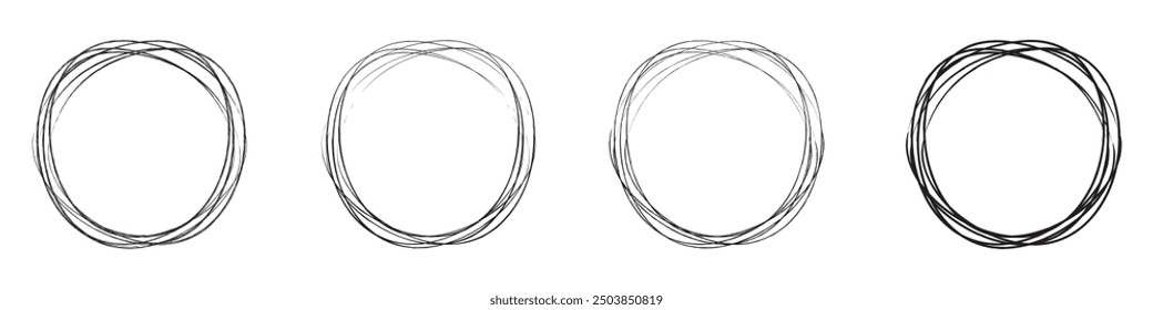 Hand drawn circle line sketch set. Vector circular scribble doodle round circles for message note mark design element. Pencil or pen graffiti bubble or ball draft illustration.