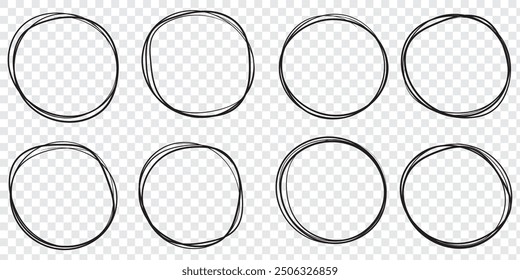 Hand drawn circle line sketch set. Vector circular scribble doodle round circles for message note mark design element. Pencil or pen graffiti bubble or ball draft illustration. EPS 10.
