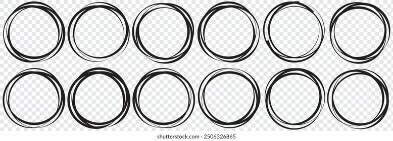 Hand drawn circle line sketch set. Vector circular scribble doodle round circles for message note mark design element. Pencil or pen graffiti bubble or ball draft illustration. EPS 10.