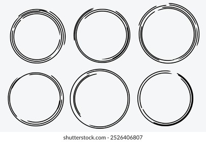 Conjunto de esboços desenhado à mão em linha circular. Rabisco circular vetorial rabiscar círculos redondos para o elemento de design de marca de nota de mensagem. Lápis ou caneta grafite bolha ou bola esboço ilustração