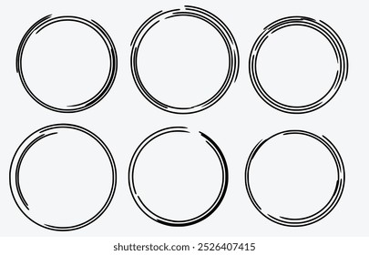 Hand drawn circle line sketch set. Vector circular scribble doodle round circles for message note mark design element. Pencil or pen graffiti bubble or ball draft illustration