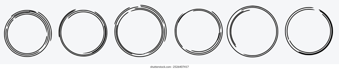 Hand drawn circle line sketch set. Vector circular scribble doodle round circles for message note mark design element. Pencil or pen graffiti bubble or ball draft illustration