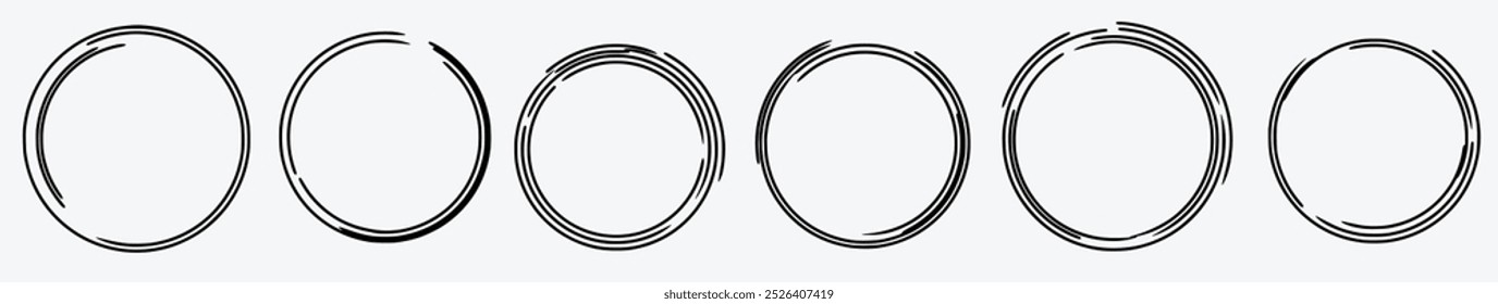 Hand drawn circle line sketch set. Vector circular scribble doodle round circles for message note mark design element. Pencil or pen graffiti bubble or ball draft illustration