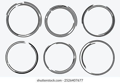 Conjunto de esbozo de línea circular dibujado a mano. Vector circular garabato doodle círculos redondos para mensaje nota marca elemento de diseño. Lápiz o pluma graffiti burbuja o bola ilustración de borrador