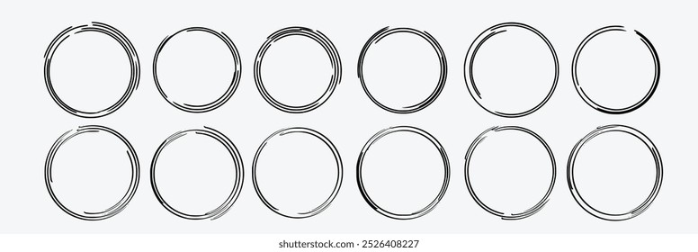 Hand drawn circle line sketch set. Vector circular scribble doodle round circles for message note mark design element. Pencil or pen graffiti bubble or ball draft illustration