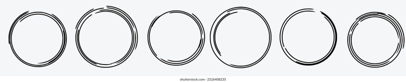 Hand drawn circle line sketch set. Vector circular scribble doodle round circles for message note mark design element. Pencil or pen graffiti bubble or ball draft illustration
