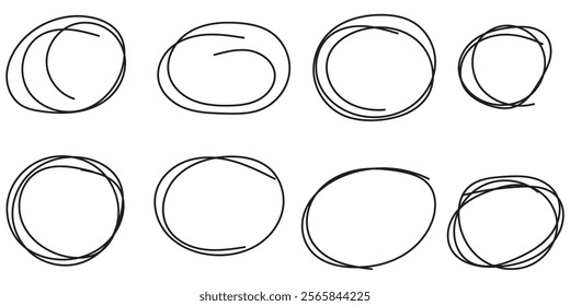 Hand drawn circle line sketch set. Vector circular scribble doodle round circles for message note mark design element. Pencil or pen graffiti bubble or ball draft illustration.