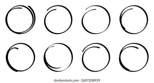 Hand drawn circle line sketch set. Circular vector image. Hand drawn circle with doodle patterns. Vector paint brush strokes circles of paint on white background.