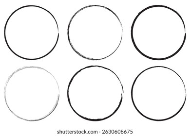 Skizzensatz mit handgezeichneter Kreislinie. Kreisförmiges Vektorbild. Handgezeichneter Kreis mit Doodle-Mustern. Vektorpinsel streicht Farbkreise auf weißem Hintergrund.