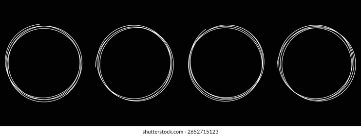 Hand drawn circle line sketch set. Vector circular scribble doodle round circles for message note mark design element. Doodle white circle brush stroke marker highlighter isolated on black background.