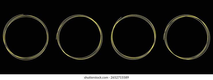 Conjunto de esboços desenhado à mão em linha circular. Círculos de rabisco circulares vetoriais para elemento de design de marca de nota de mensagem. Desenho marcador de traçado de pincel em círculo amarelo doodle isolado no plano de fundo preto.