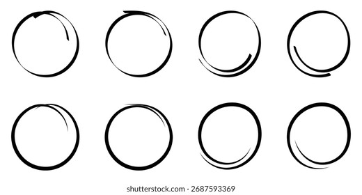 Hand drawn circle line sketch set. Circular vector set illustration. Hand drawn circle with doodle patterns. Vector brush strokes circles of paint. Isolated on white bakground