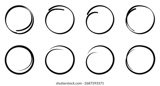Conjunto de esbozo de línea circular dibujado a mano. Ilustración de conjunto de Vector circular. Círculo dibujado a mano con patrones de doodle. Pincel de Vector pinta círculos de pintura. Aislado sobre fondo blanco