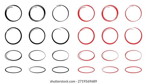 Conjunto de esbozo de línea circular dibujado a mano aislado sobre fondo blanco. Vector circular garabato doodle círculos redondos para mensaje y para marca de nota. Ilustración vectorial. EPS 10 