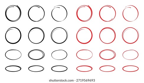 Conjunto de esbozo de línea circular dibujado a mano aislado sobre fondo blanco. Vector circular garabato doodle círculos redondos para mensaje y para marca de nota. Ilustración vectorial. EPS 10 