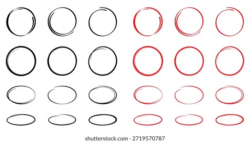 Conjunto de esbozo de línea circular dibujado a mano. Imagen de Vector circular. Círculos de pinceladas de Vector sobre fondo blanco, doodle círculos redondos para la marca de la nota del mensaje