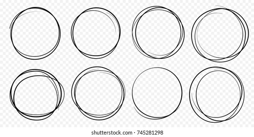 Conjunto de esbozo de línea circular dibujada a mano. Círculos circulares de garabatos vectoriales redondeados para el elemento de diseño de marcas de mensaje. Dibujo de la burbuja de graffiti con lápiz o bolígrafo.