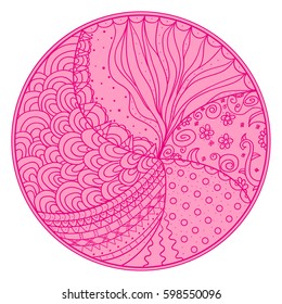 Hand drawn circle mandala with abstract patterns on isolation background. Design for spiritual relaxation for adults. Line art creation.