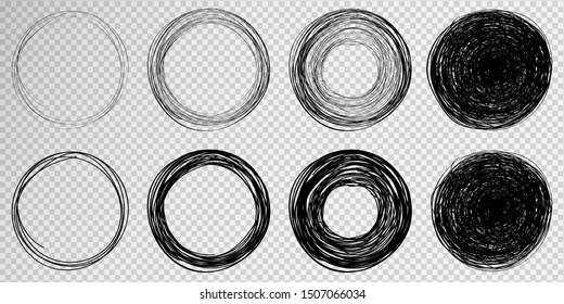 Círculo dibujado a mano sobre fondo transparente. Superconjunto de círculos hechos a mano en círculos. Círculo de círculos. Ilustración vectorial.