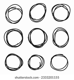 Hand drawn circle or oval line sketch set. Hand drawing circular scribble doodle round circles. Vector illustration for message note mark design element on an isolated white background.