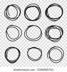 Hand drawn circle or oval line sketch set. Hand drawing circular scribble doodle round circles. Vector illustration for message note mark design element on a transparent background.