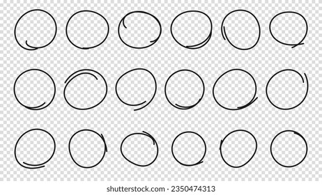 Hand drawn circle or oval line sketch set. Hand drawing circular scribble doodle round circles. Vector illustration for message note mark design element on a transparent background.