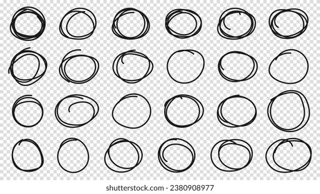 Conjunto de esbozo de círculo dibujado a mano u ovalado. Dibujo manual de garabatos circulares de círculos redondos. Ilustración vectorial para el elemento de diseño de marca de nota de mensaje en un fondo transparente.