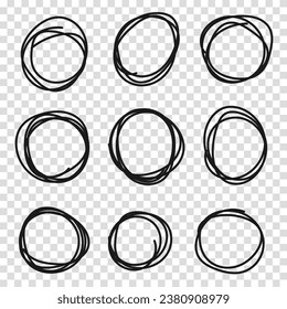 Hand drawn circle or oval line sketch set. Hand drawing circular scribble doodle round circles. Vector illustration for message note mark design element on a transparent background.