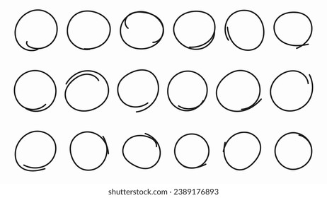 Hand drawn circle or oval line sketch set. Hand drawing circular scribble doodle round circles. Vector illustration for message note mark design element on an isolated white background.