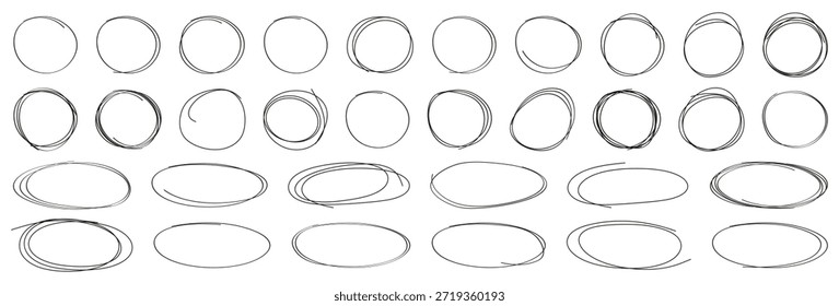 Handgezeichneter Kreis und ovale Skizzenkonturen. Rough Marker Style Frames für Hervorhebung und Hervorhebung