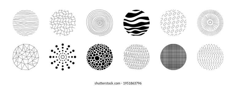 Hand drawn circle pattern. Circular geometric minimalistic texture, notebook cover memphis graphic shapes. Vector isolated set