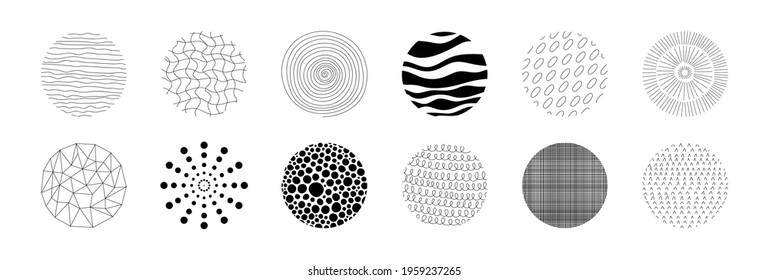 Hand drawn circle pattern. Circular geometric minimalistic texture, notebook cover memphis graphic shapes. Vector isolated set