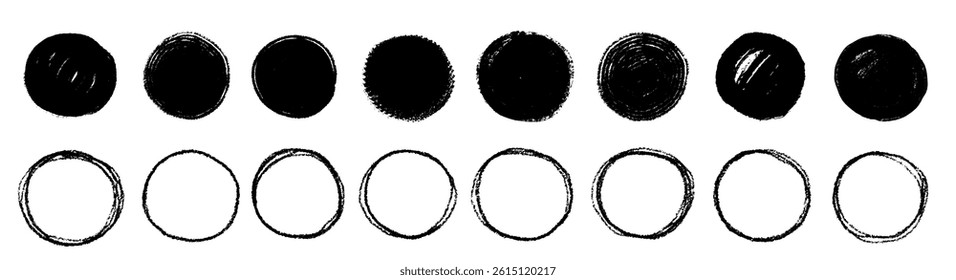 Hand drawn circle pencil line stroke textured frames. Highlight decorative oval circular elements. Underline crayon splashes.