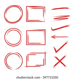 hand drawn circle rectangle highlighter, brush line and check mark