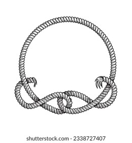 Hand drawn circle rope frame with free style node. Sketch nautical design element. Best for marine and western designs. Vector illustration isolated on white.