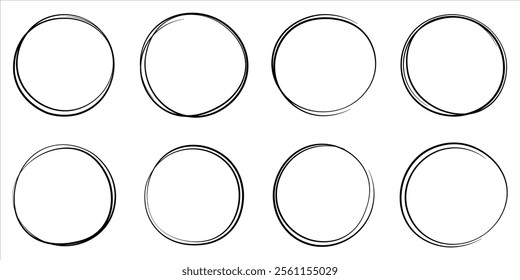 Hand drawn circle. Scribble doodle round circle set for message note mark design element. Pencil or pen graffiti bubble or ball draft vector illustration.