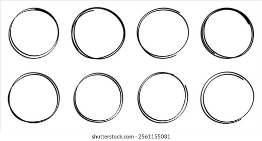 Hand drawn circle. Scribble doodle round circle set for message note mark design element. Pencil or pen graffiti bubble or ball draft vector illustration.