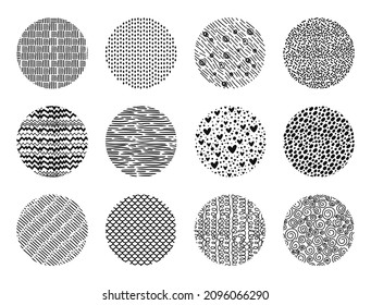 Hand drawn circle scribble textures, abstract round shape doodles. Sketch pattern background scribbles with dots or lines vector texture set. Minimalistic repeating design for fabric or wallpaper