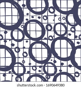 Handgezeichnetes, nahtloses Muster auf Streifen-Hintergrund.Pinselstriche kreisen um den Hintergrund. Design für Stoff, Stoffdruck, Packpapier. Abstrakte Illustration zur kreativen Vektorillustration. 