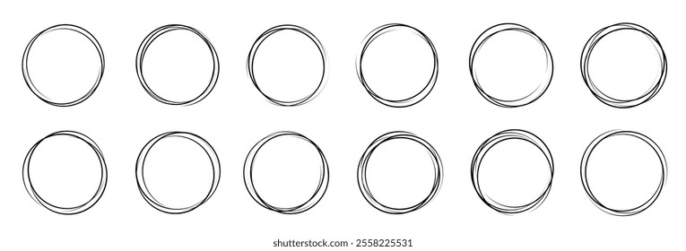 Hand drawn circle set. Paintbrush, paint stroke circle, line sketch, circular scribble doodle round.