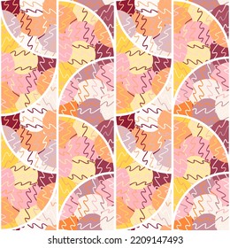 Hand drawn circle shapes kaleidoscope seamless pattern. Doodle style decorative abstract mosaic ornament. Simple geometric design for fabric, textile print, wrapping paper, cover. Vector illustration