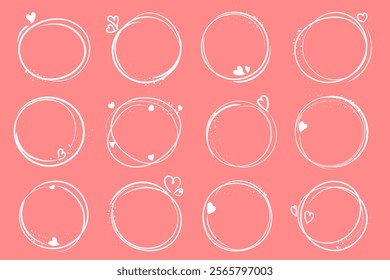 Hand drawn circle sketch vector. Set of hand drawn doodle ellipses design with hearts.