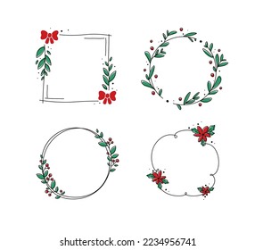 Hand drawn circle, square christmas frame set. Border for banner, holidays, greeting card design. Vector illustration in sketch style. Place for text. Christmas floral wreath with rowan.