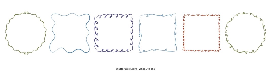 Hand drawn circle, square swirl curved frame set. Pencil texture doodle curly borders collection. Chalk scribble wavy wedding invitation, greeting card, postcard design. Vintage vector illustration