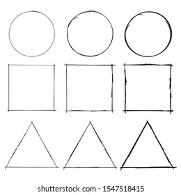 Hand Drawn Circle, Square And Triangles. Thin And Thick Circle, Square And Triangle Symbols