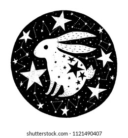 Hand drawn circle with stars. Black vector illustration. Image with rabbit. Design for t-shirt, prints and cards.
