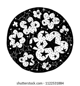Hand drawn circle with stars. Black vector illustration. Image with clouds Design for t-shirt, prints and cards.