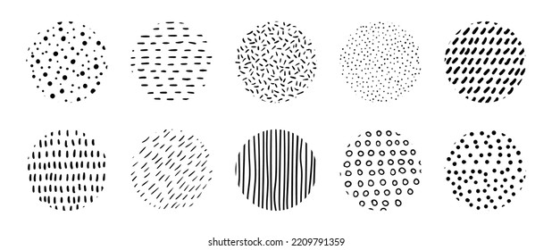 Hand drawn circle textures. Vector abstract doodle scribbles. Minimal dotted and striped patterns, design elements