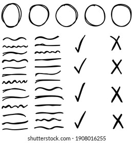 Hand Drawn Circle , Underline , Approved And X Set Collection Vector